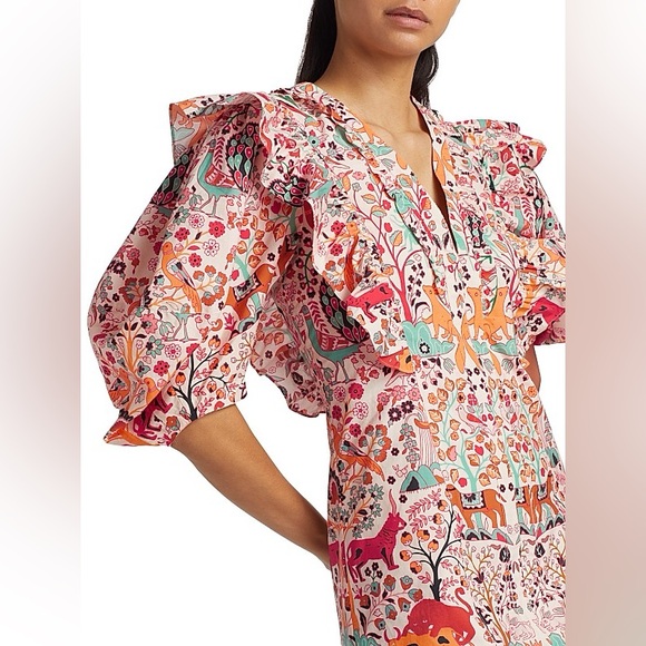 RHODE Millie Aura Jungle Print Multicolor Ruffle Sleeve Dress - Picture 2 of 11